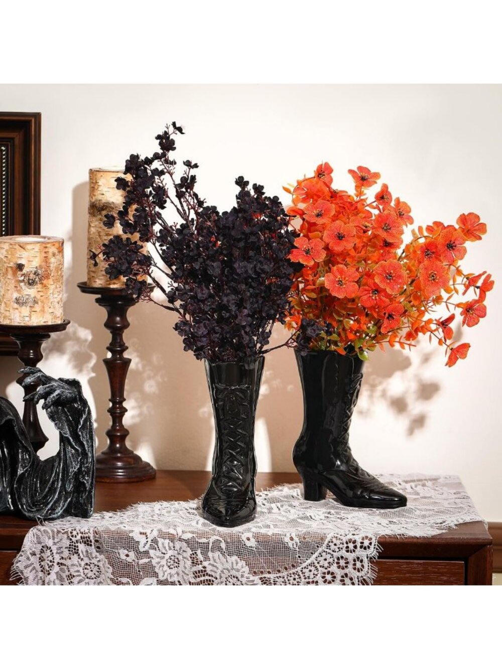 Spooky Gothic Witch Boot Vase - 7.1 Inch Black Ceramic Halloween Decor